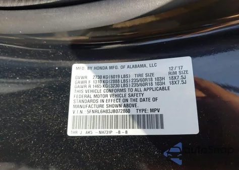 2018 Honda Odyssey Touring из США, поврежденный, VIN 5FNRL6H83JB072860